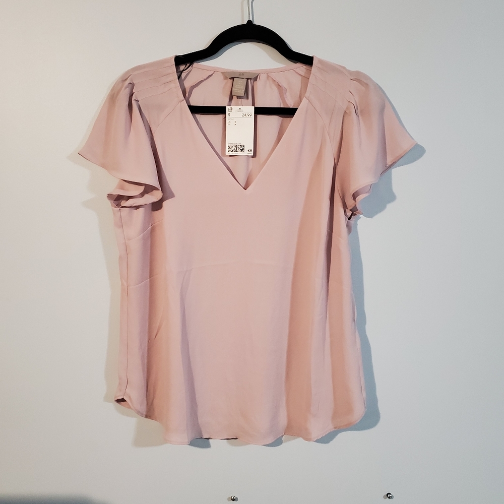 H&M Vneck Flutter Sleeve Blouse Pink NWT - Picture 1 of 3